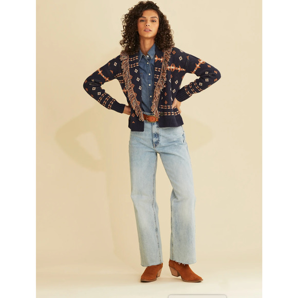 Pendleton Navy and Brown Fringed Cotton Wool Blend Cardigan Women's Size Large‎ - Picture 2 of 10
